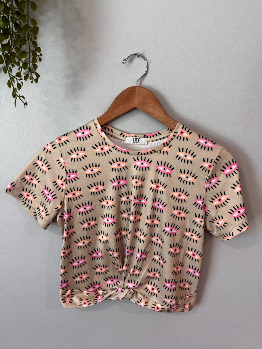 Beige Crop Muscle Tee with Pink Eye Print